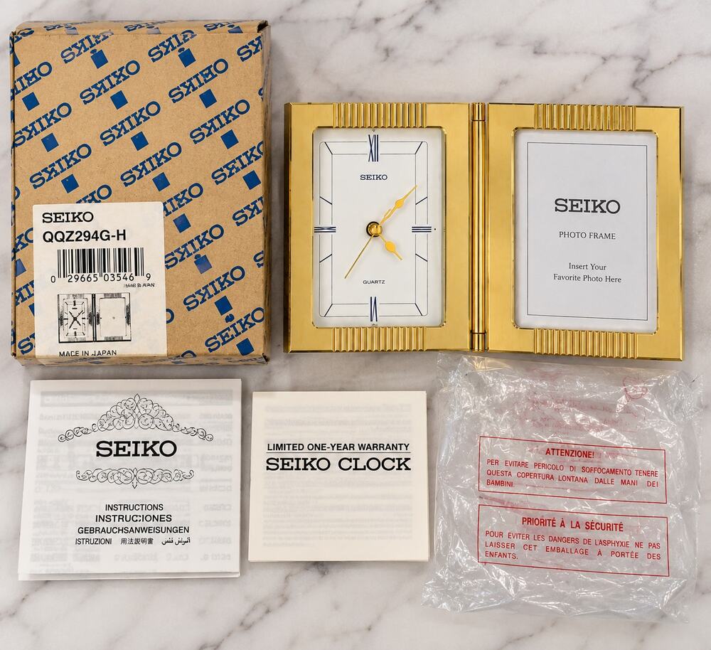 Vintage Seiko Gold Folding Picture Frame Quartz Clock NOS Japan